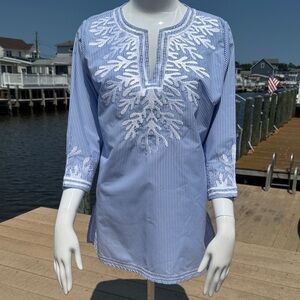 Blue and White Embroidered Tunic Top